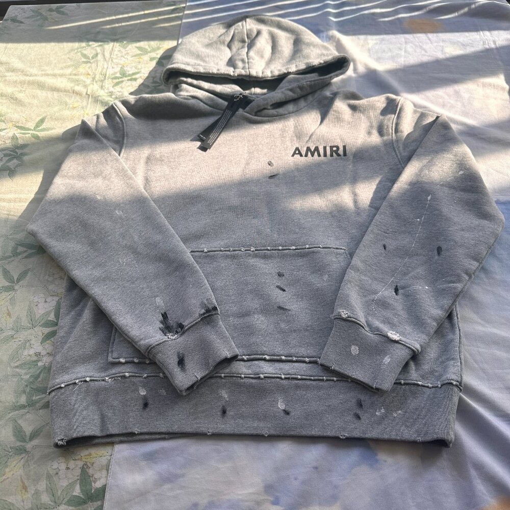 Amiri Distressed And Ripped Style Hooded Sweatshirt In Gray
